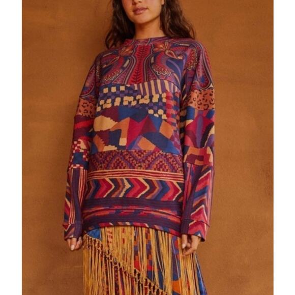 FARM RIO Mix Print Long Line Aztec Print Sweatshirt Relaxed Fit Western XS - Picture 1 of 13